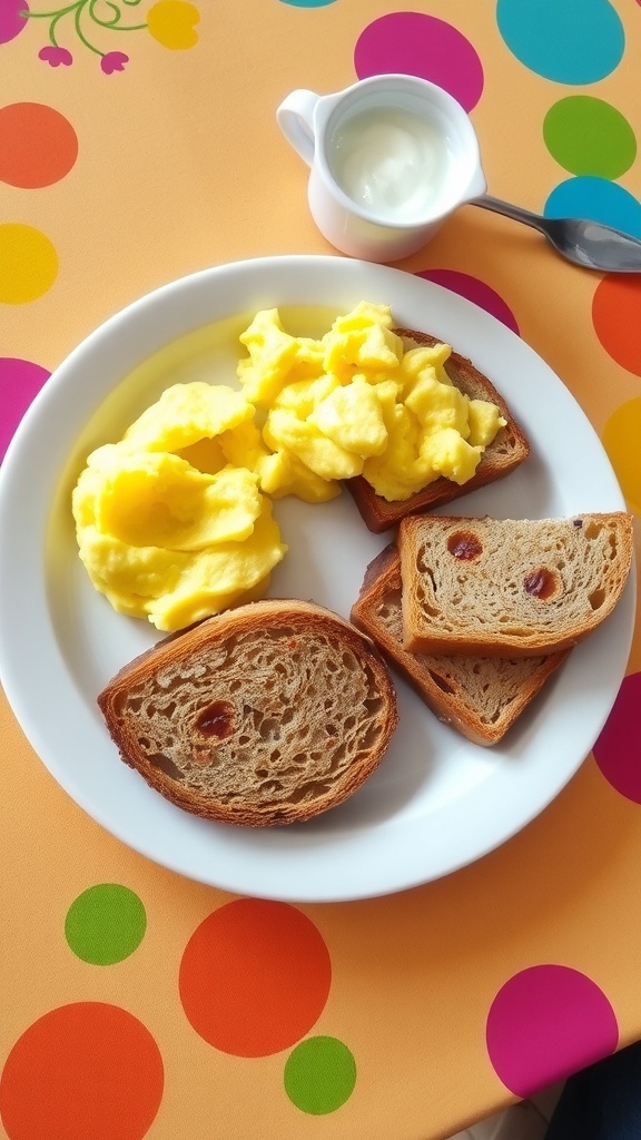 Nutritious Breakfast Ideas for 9-Month-Old Babies A vibrant breakfast plate for a baby with mashed banana, scrambled eggs, toast, and yogurt.